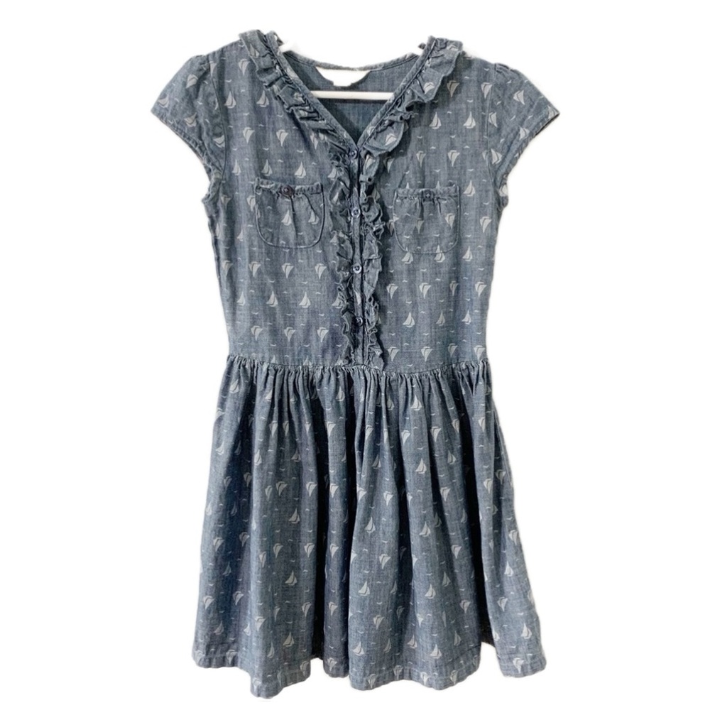 Lands’ End 100% Cotton Chambray Dress with Sailboat Motif Cap Sleeves Ruffles⚓️🩵